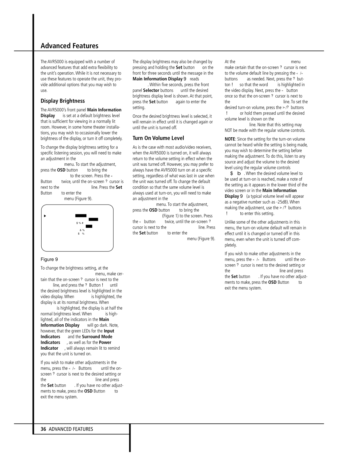 Harman-Kardon AVR 5000 owner manual Advanced Features, Display Brightness, Turn On Volume Level 