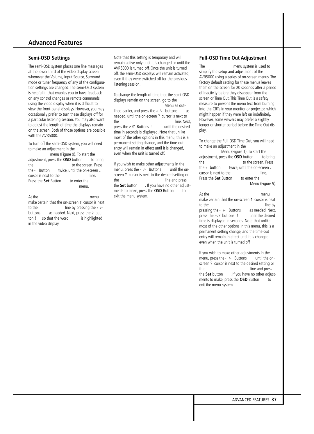 Harman-Kardon AVR 5000 owner manual Semi-OSD Settings, Full-OSD Time Out Adjustment, Advanced Features 