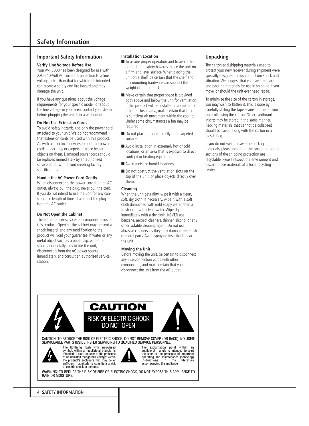 Harman-Kardon AVR 5000 owner manual Important Safety Information, Unpacking 