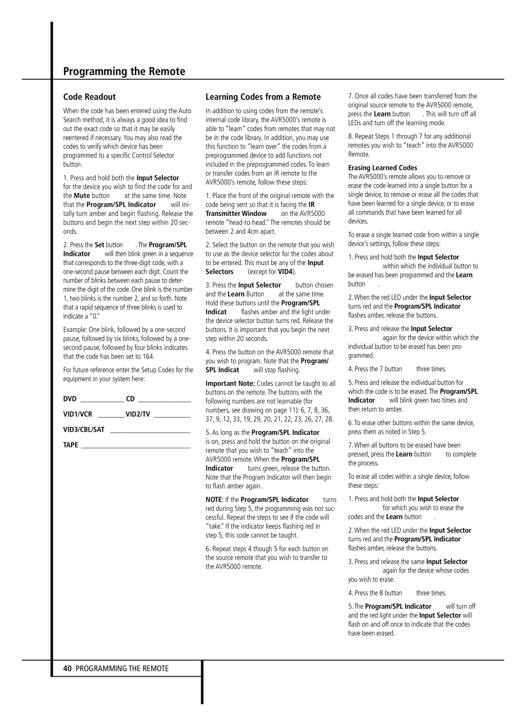 Harman-Kardon AVR 5000 owner manual Code Readout, Learning Codes from a Remote, VID1/VCR VID2/TV, Erasing Learned Codes 