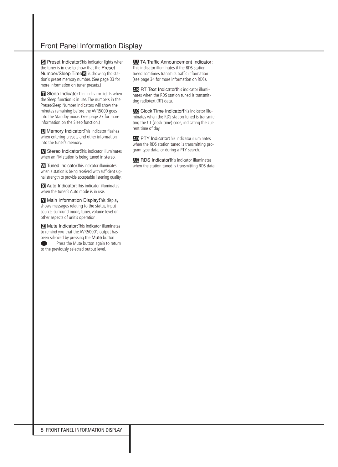 Harman-Kardon AVR 5000 owner manual Front Panel Information Display 