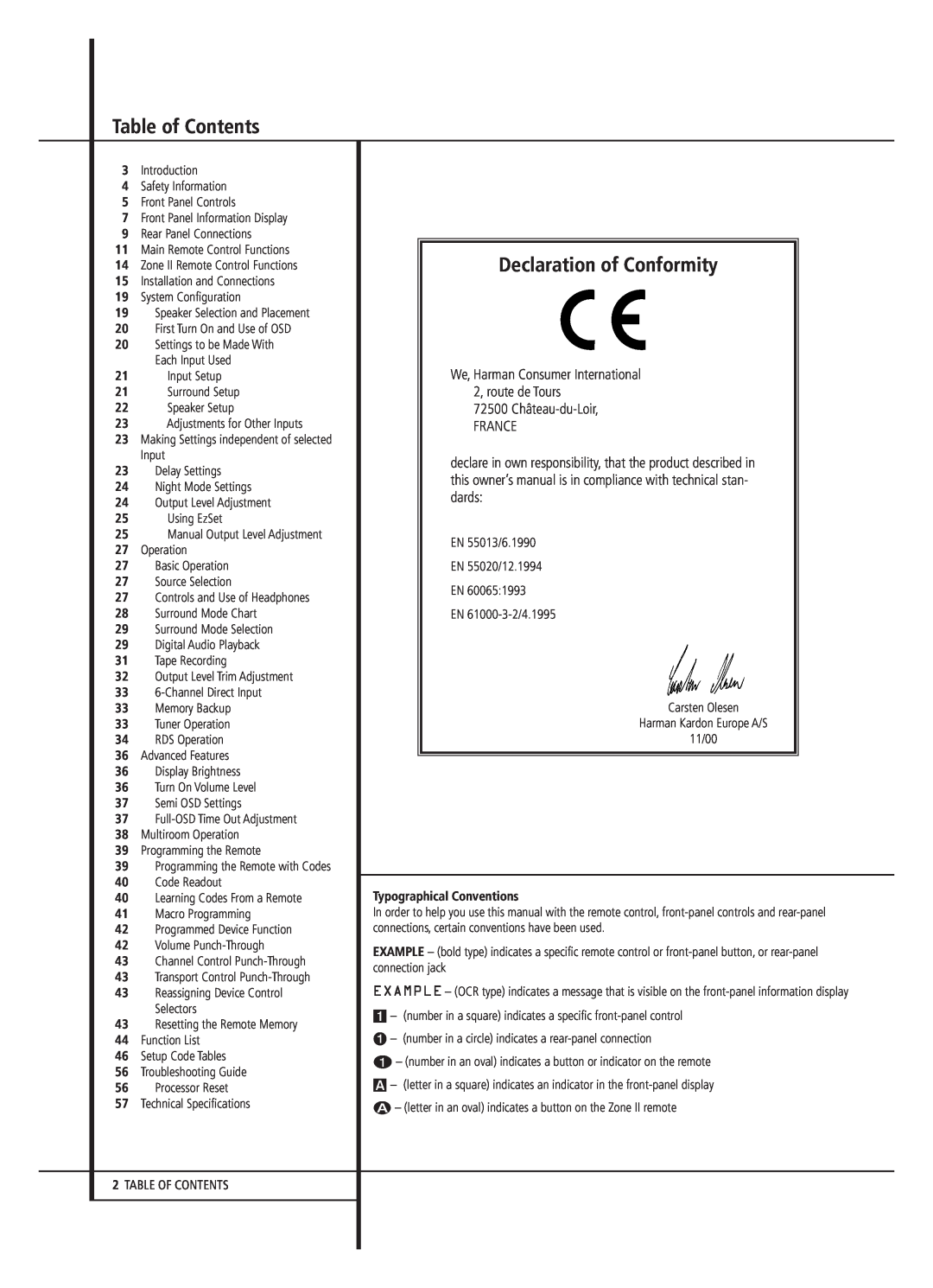Harman-Kardon AVR 5000 owner manual Table of Contents, Declaration of Conformity, We, Harman Consumer International 