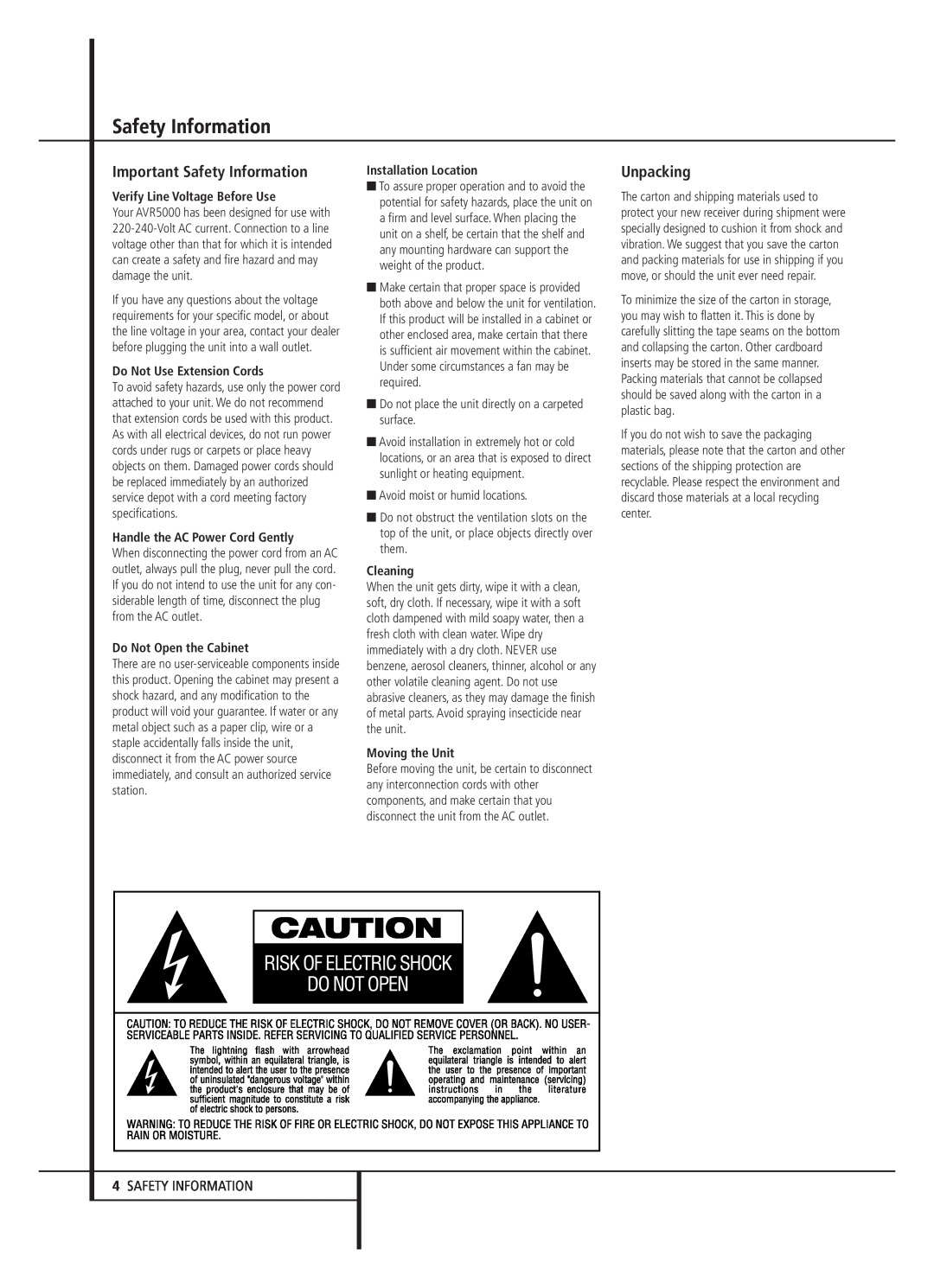 Harman-Kardon AVR 5000 owner manual Important Safety Information, Unpacking, 4SAFETY INFORMATION 