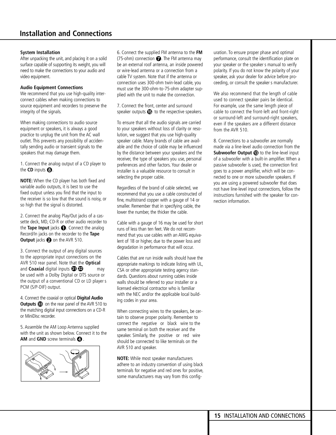 Harman-Kardon AVR 510 owner manual Installation and Connections, System Installation, Audio Equipment Connections 