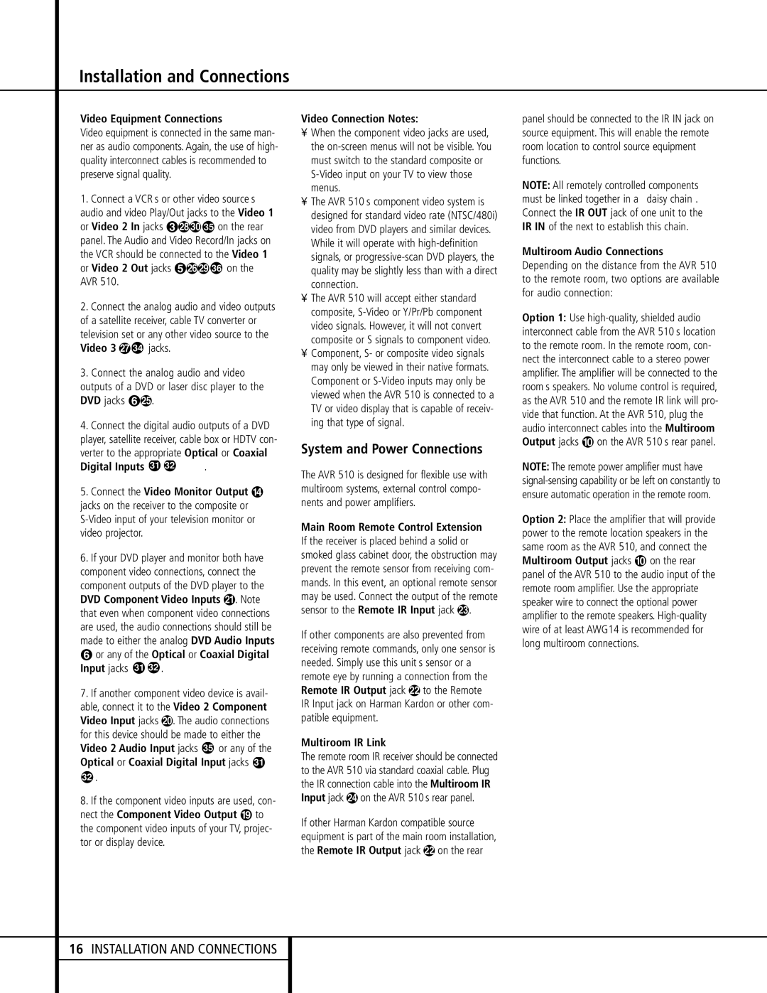 Harman-Kardon AVR 510 System and Power Connections, Video Equipment Connections, Video Connection Notes, Multiroom IR Link 