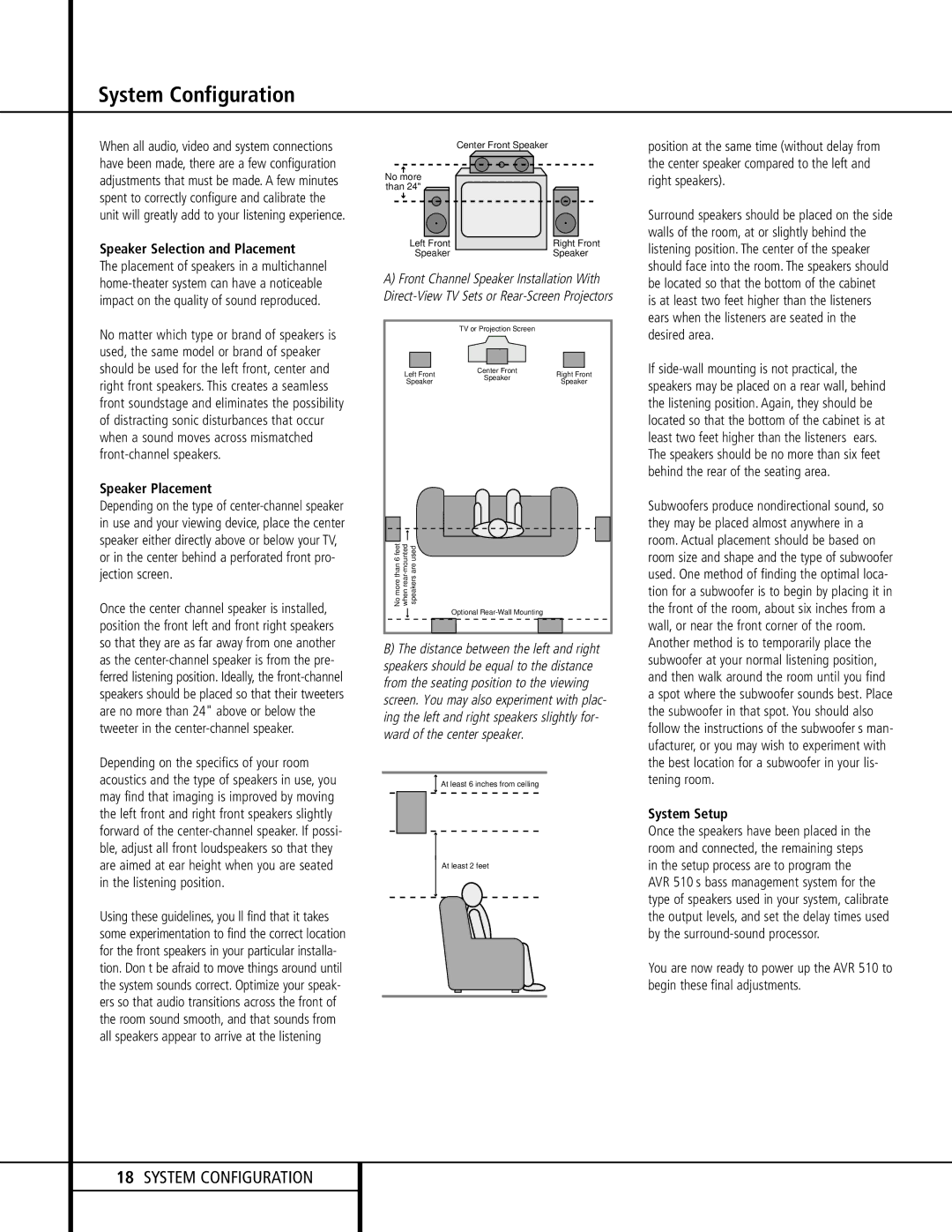 Harman-Kardon AVR 510 owner manual System Configuration, Speaker Selection and Placement, Speaker Placement, System Setup 