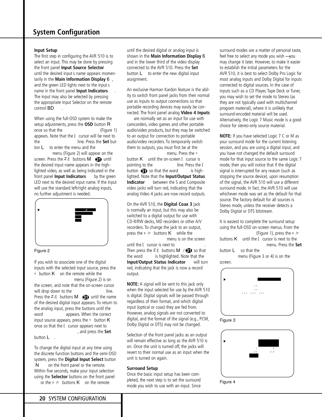 Harman-Kardon AVR 510 owner manual Input Setup, Or the ⁄/¤ buttons n on the remote, Surround Setup 