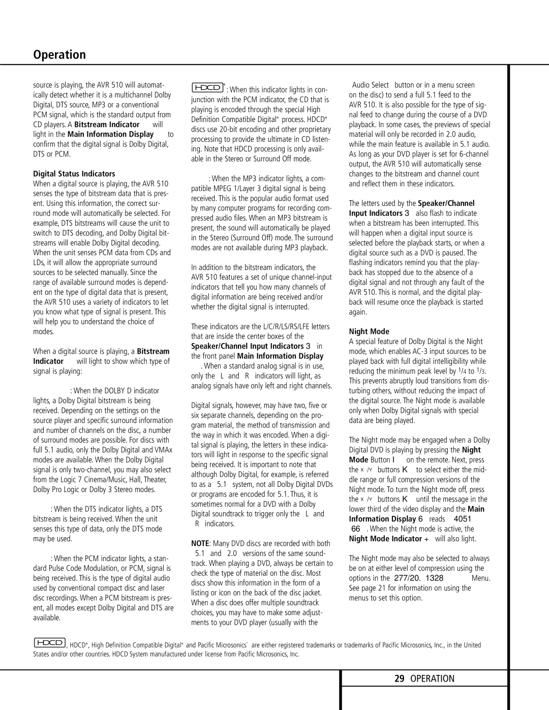 Harman-Kardon AVR 510 owner manual Digital Status Indicators, Addition to the bitstream indicators, Night Mode 