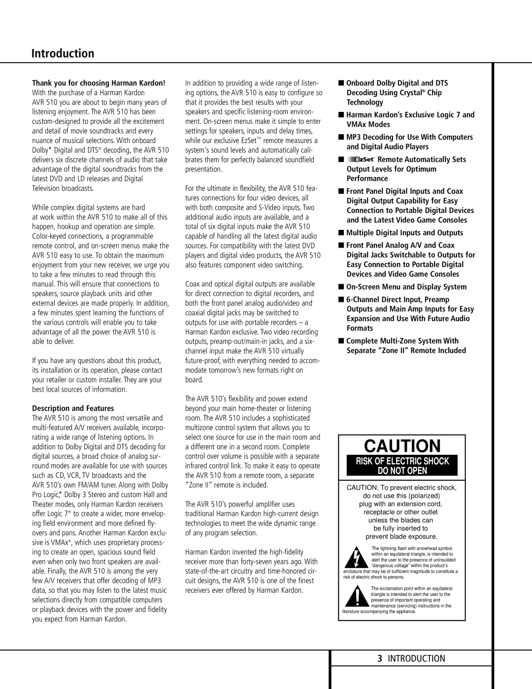 Harman-Kardon AVR 510 owner manual Introduction, While complex digital systems are hard, Description and Features 