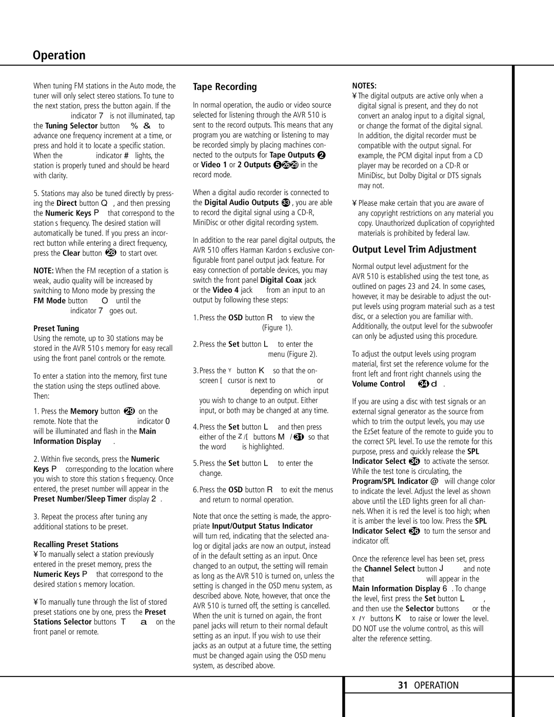 Harman-Kardon AVR 510 owner manual Tape Recording, Output Level Trim Adjustment, Preset Tuning, Recalling Preset Stations 