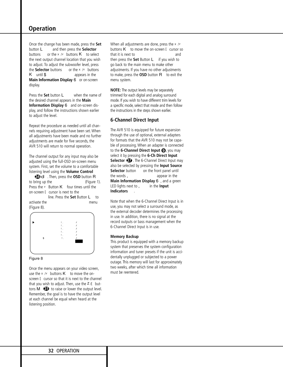 Harman-Kardon AVR 510 owner manual Channel Direct Input, Memory Backup 