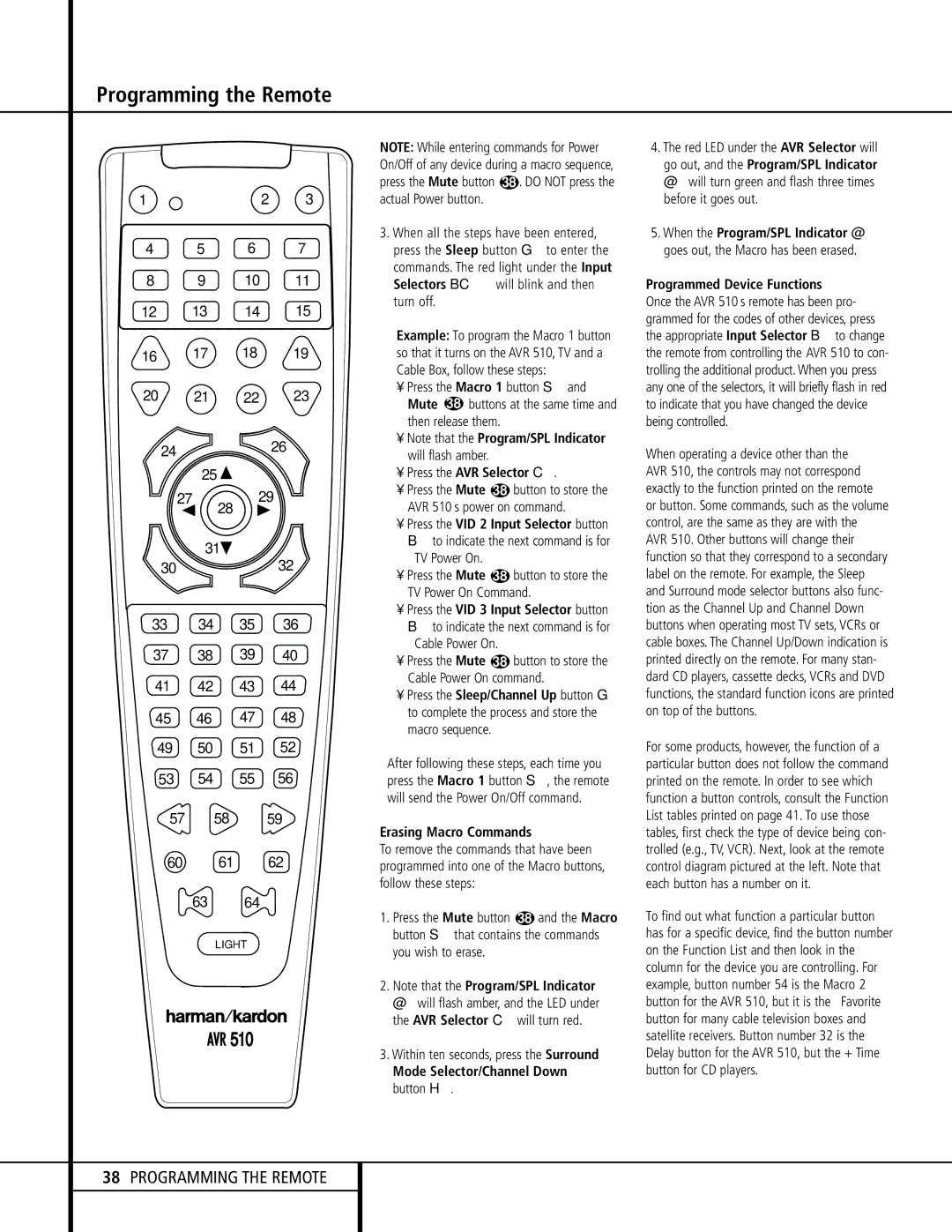 Harman-Kardon AVR 510 owner manual Press the AVR Selector f, Erasing Macro Commands, Mode Selector/Channel Down button k 