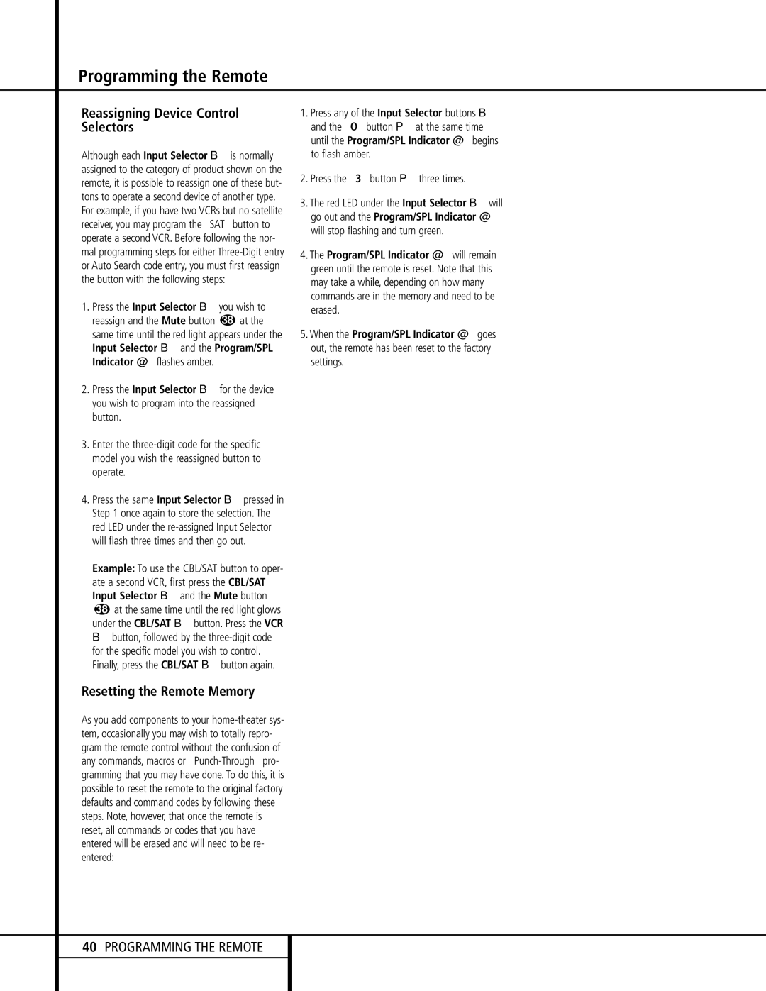 Harman-Kardon AVR 510 owner manual Reassigning Device Control Selectors, Resetting the Remote Memory 