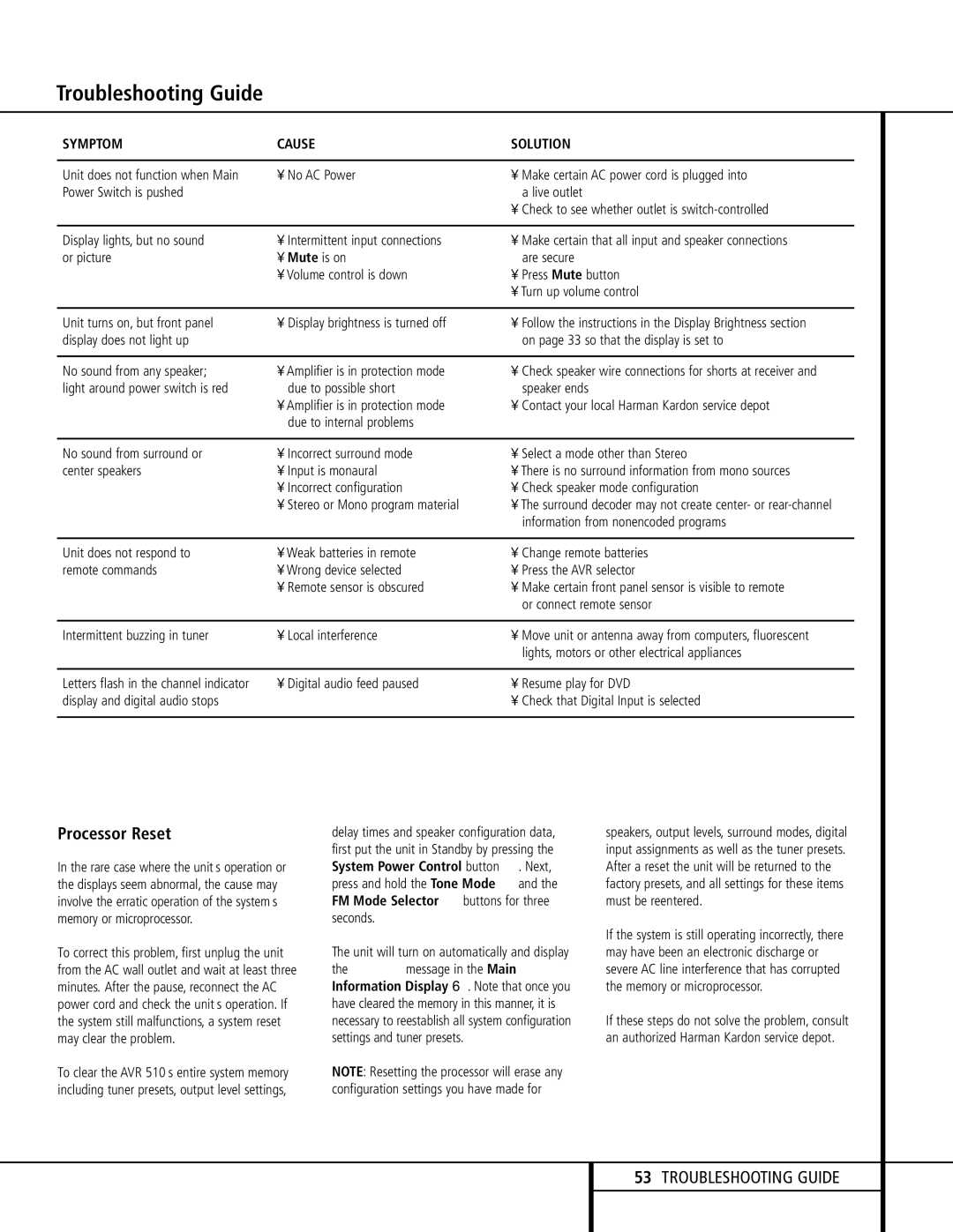 Harman-Kardon AVR 510 owner manual Troubleshooting Guide, Processor Reset, Information from nonencoded programs 