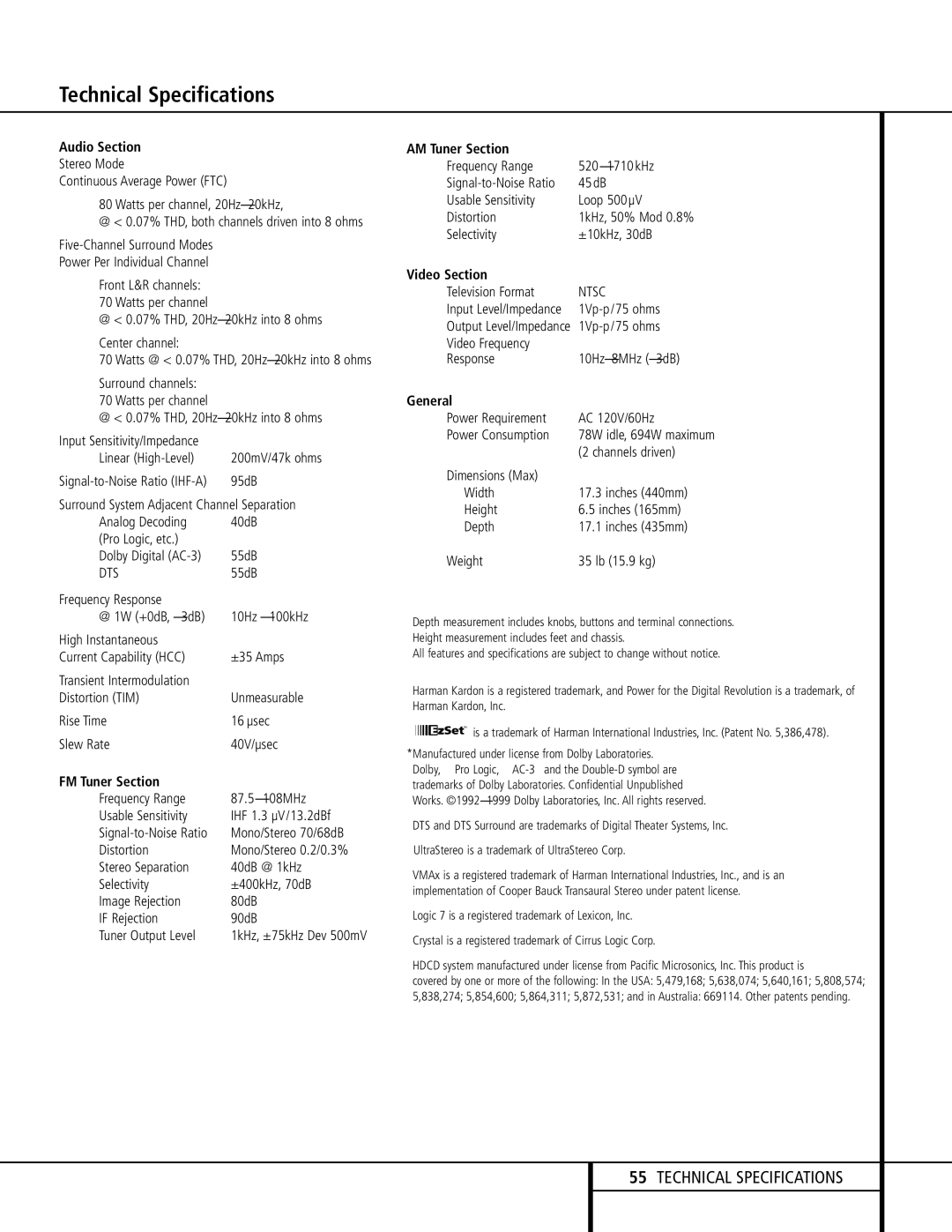 Harman-Kardon AVR 510 owner manual Technical Specifications 