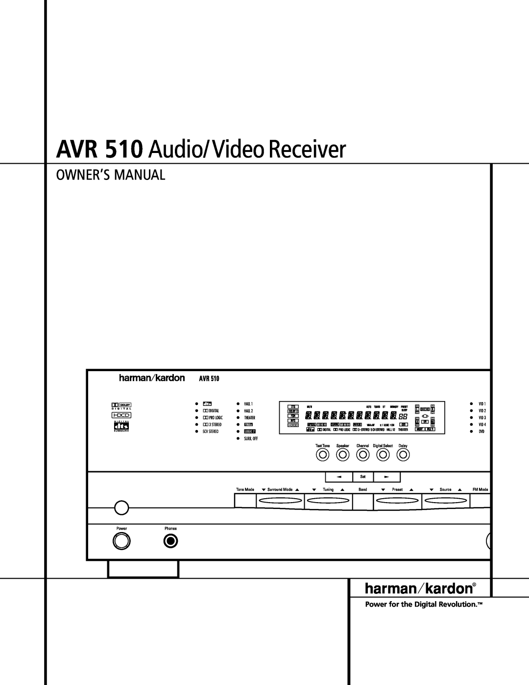 Harman-Kardon owner manual AVR 510 Audio/ Video Receiver, Power for the Digital Revolution, Dolby D, Pro Logic 