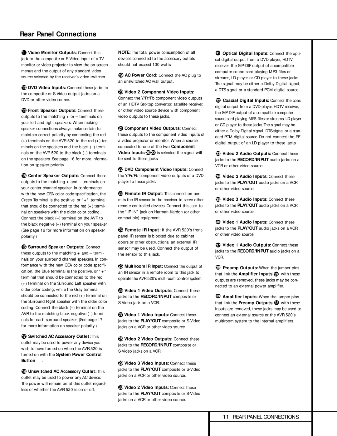 Harman-Kardon AVR 520 owner manual Rear Panel Connections 