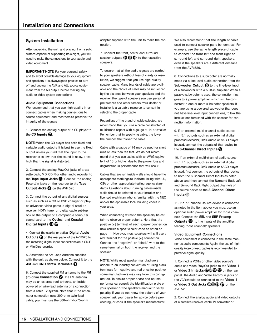 Harman-Kardon AVR 520 owner manual System Installation, Audio Equipment Connections, Video Equipment Connections 