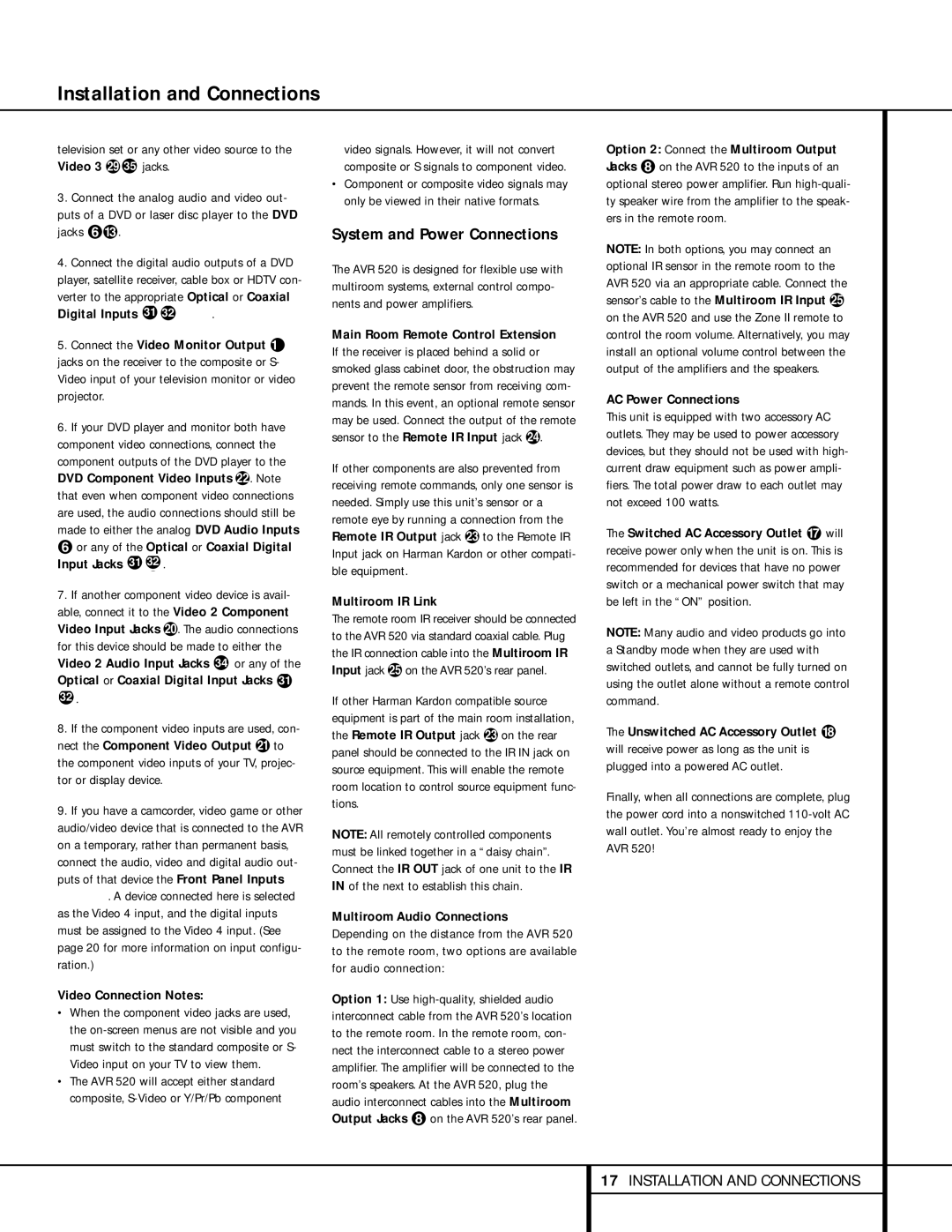 Harman-Kardon AVR 520 owner manual Installation and Connections, System and Power Connections 