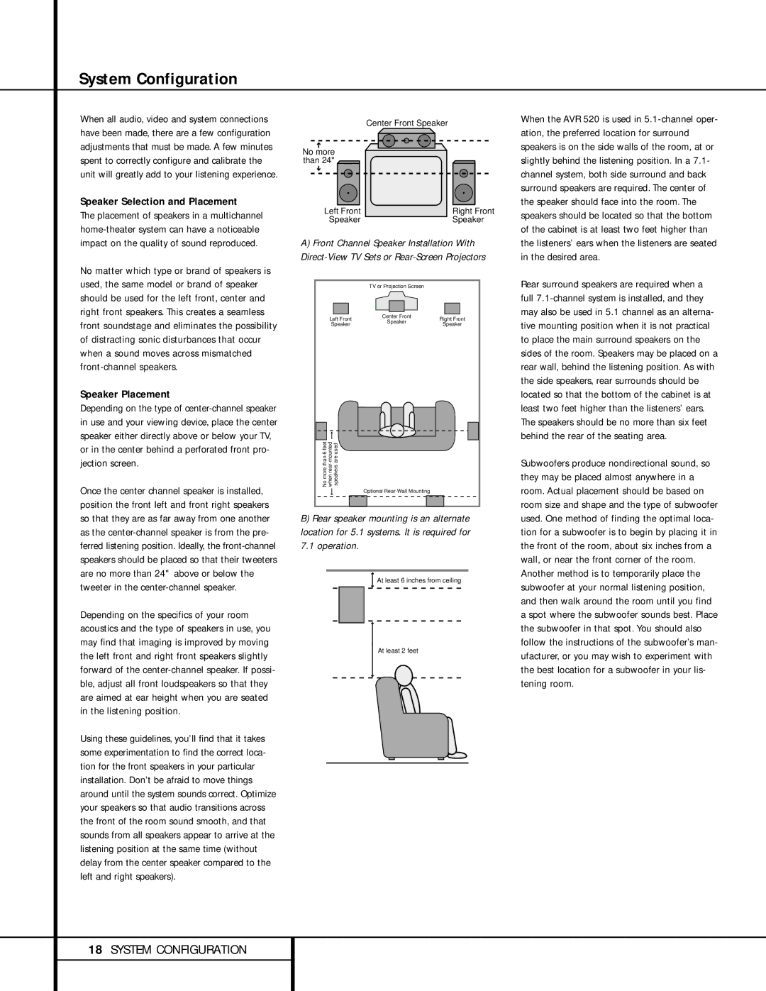 Harman-Kardon AVR 520 owner manual System Configuration, Speaker Selection and Placement, Speaker Placement 