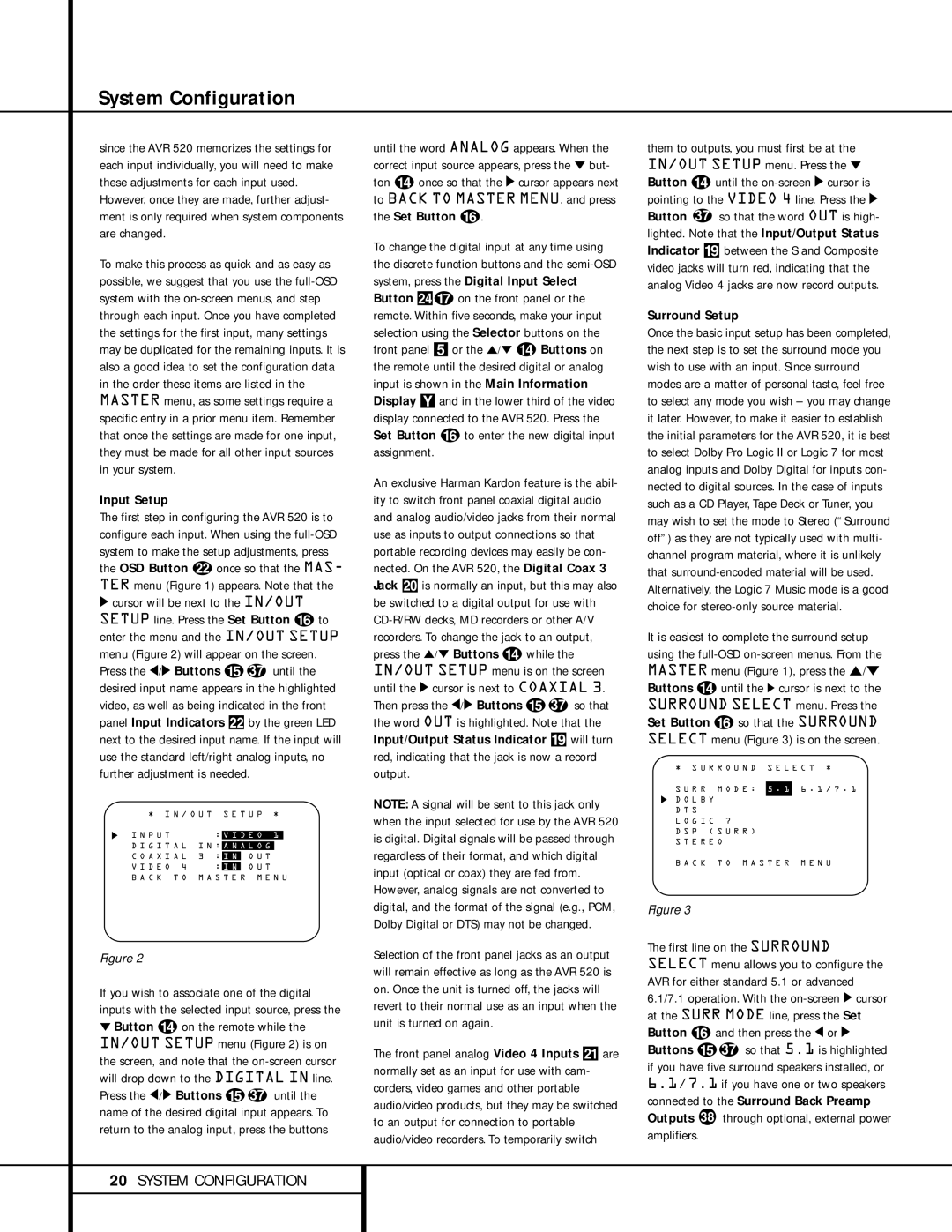 Harman-Kardon AVR 520 owner manual Input Setup, Surround Setup 