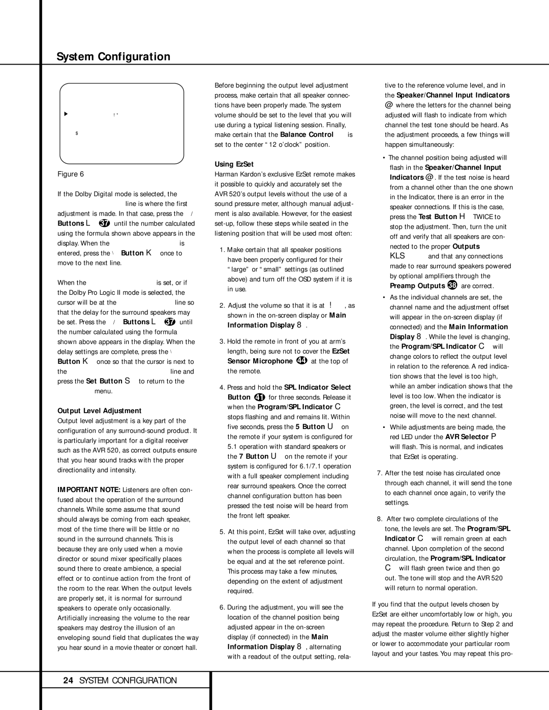 Harman-Kardon AVR 520 owner manual Output Level Adjustment, Using EzSet 