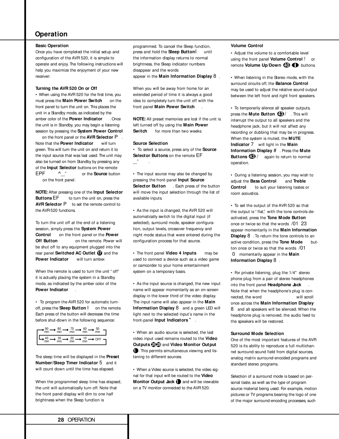 Harman-Kardon Basic Operation, Turning the AVR 520 On or Off, Source Selection, Volume Control, Surround Mode Selection 