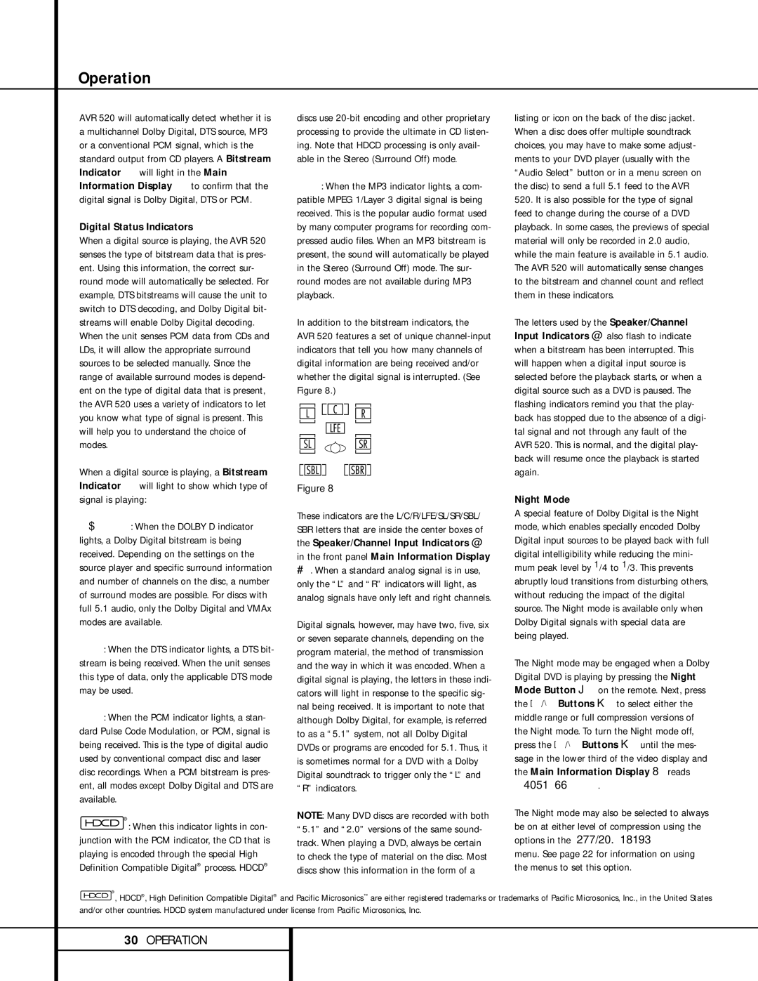 Harman-Kardon AVR 520 owner manual Digital Status Indicators, Addition to the bitstream indicators, Night Mode 