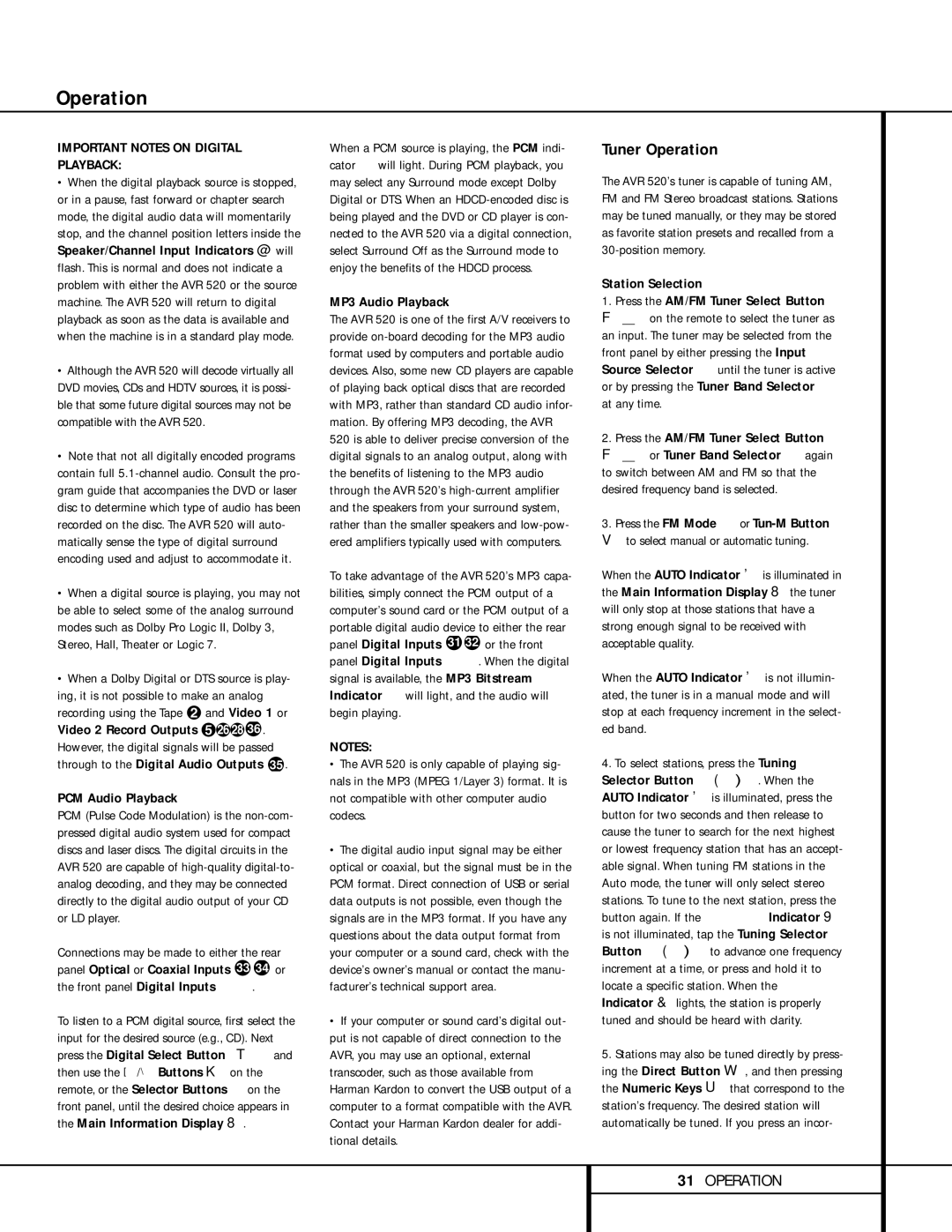 Harman-Kardon AVR 520 owner manual Tuner Operation, PCM Audio Playback, MP3 Audio Playback, Station Selection 