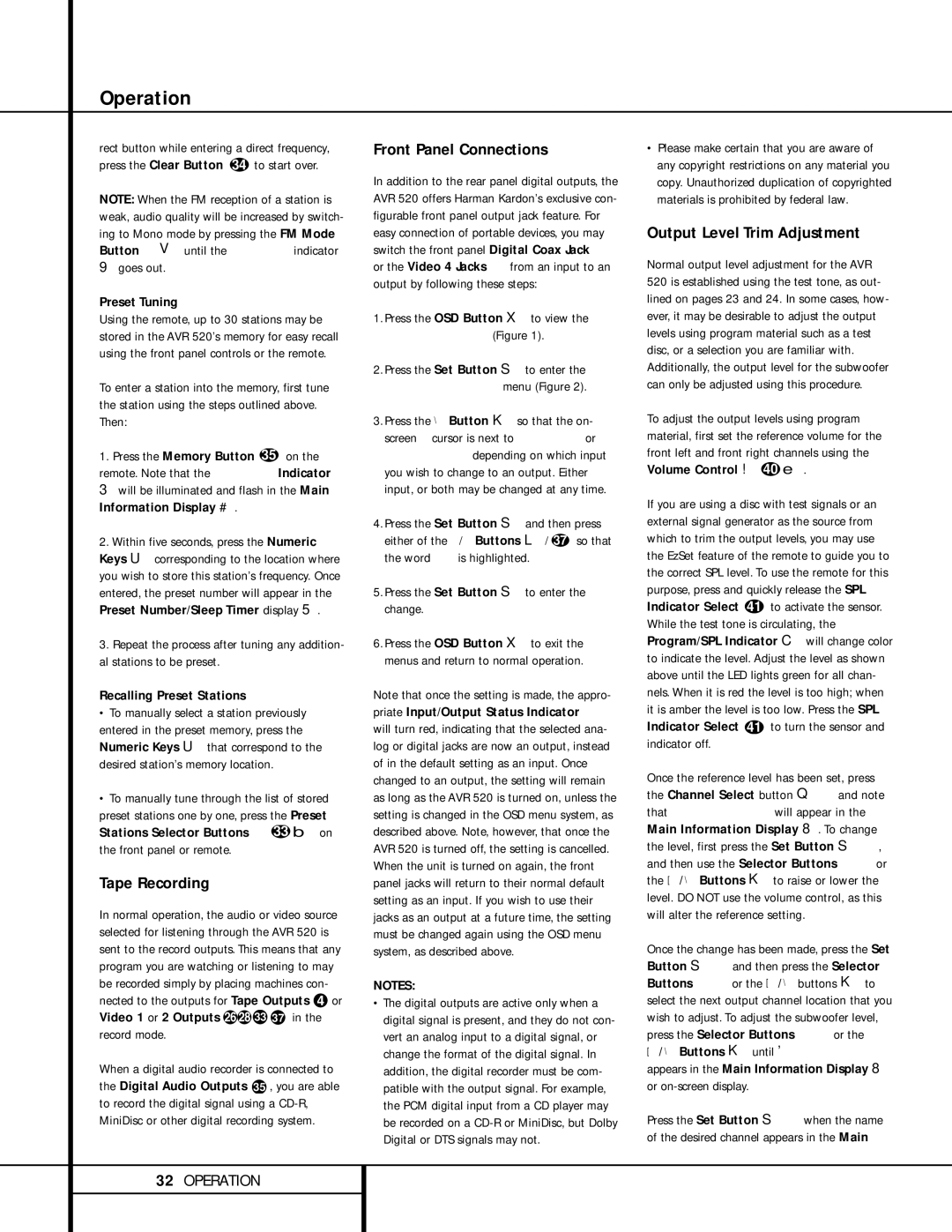 Harman-Kardon AVR 520 owner manual Tape Recording, Front Panel Connections, Output Level Trim Adjustment, Preset Tuning 