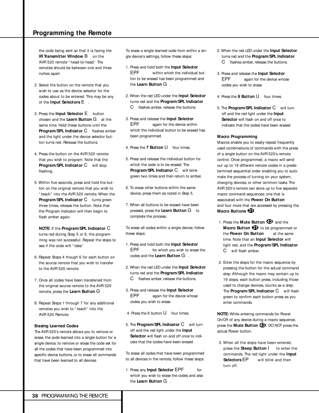 Harman-Kardon owner manual Programming the Remote, AVR 520 Remote, Erasing Learned Codes, Macro Programming 