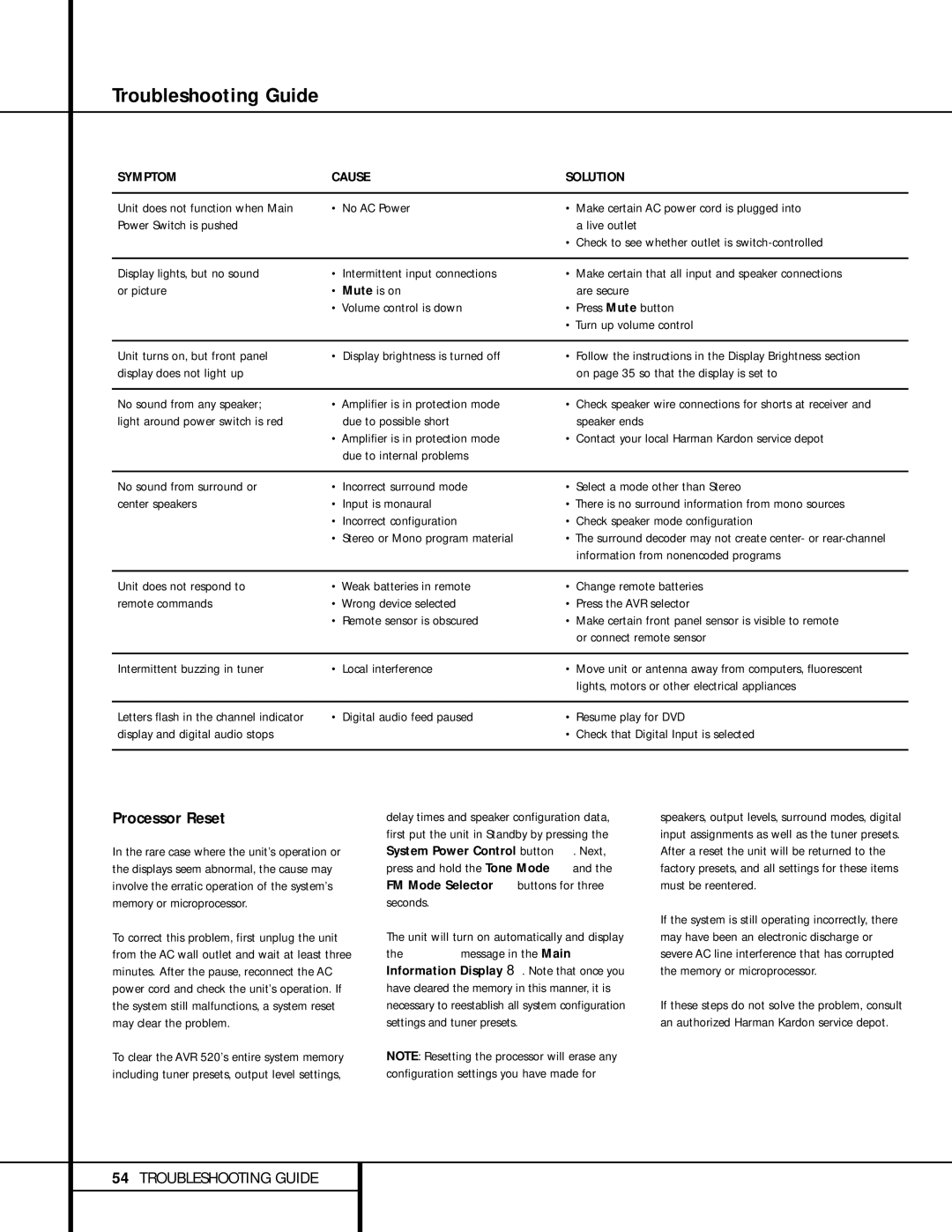 Harman-Kardon AVR 520 owner manual Troubleshooting Guide, Processor Reset, Information from nonencoded programs 