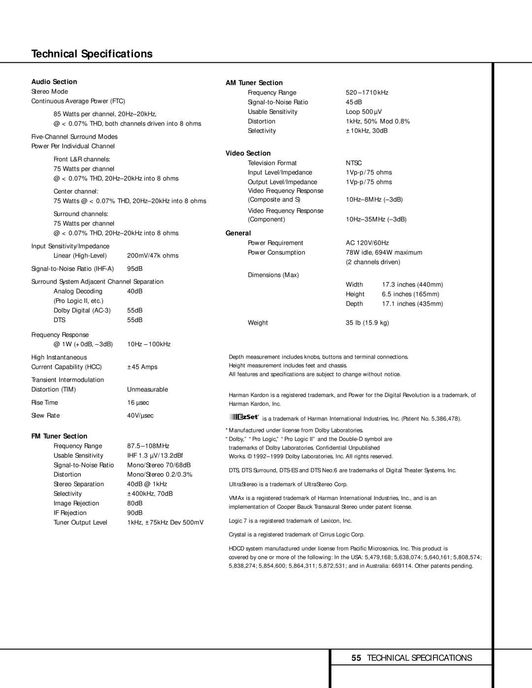 Harman-Kardon AVR 520 owner manual Technical Specifications 