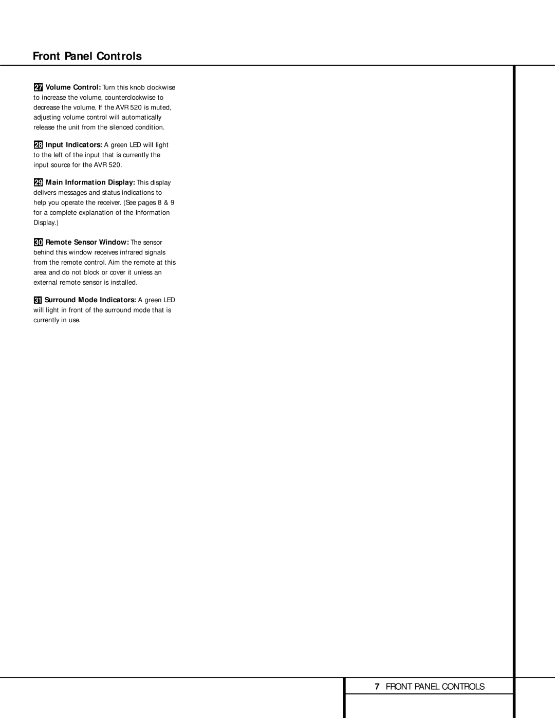 Harman-Kardon AVR 520 owner manual Front Panel Controls 