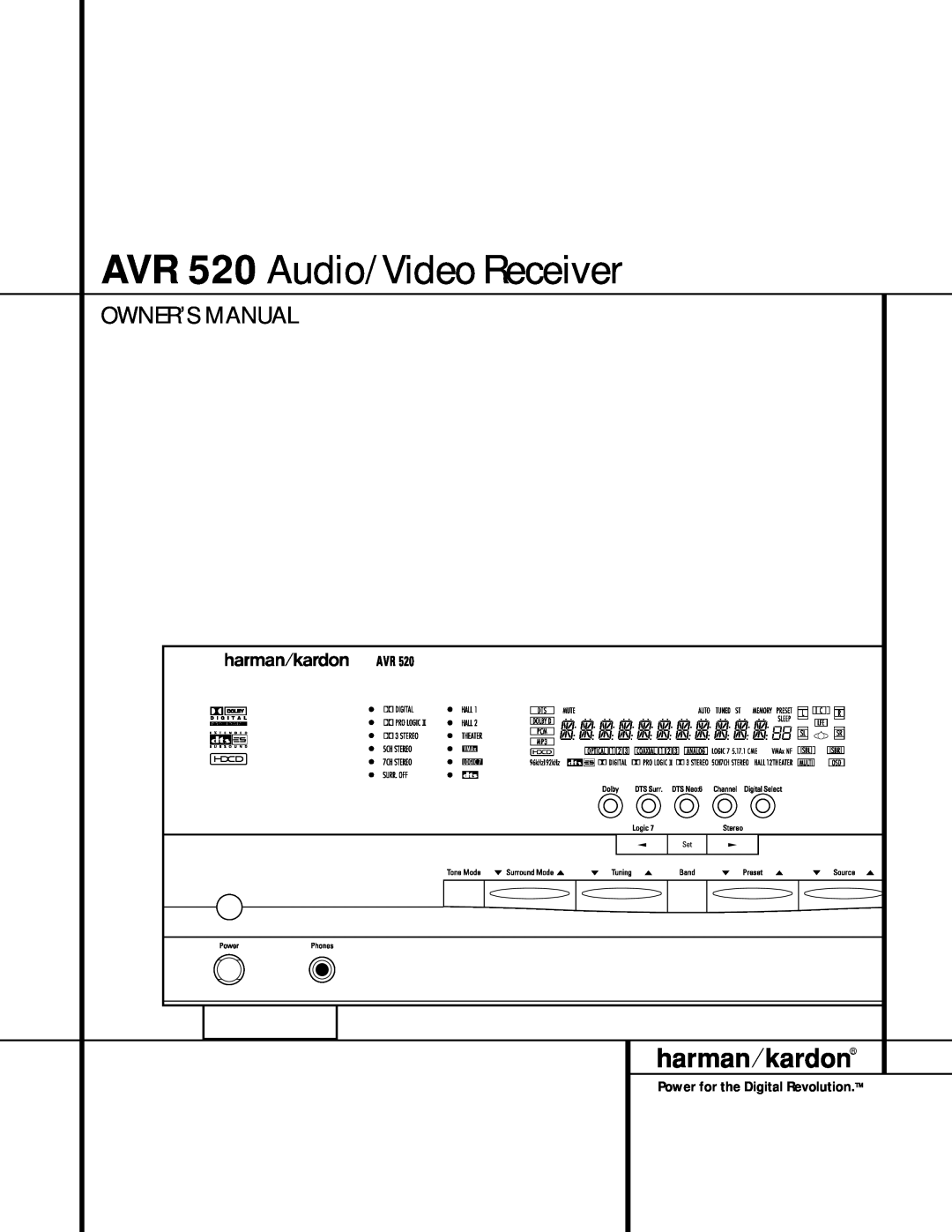 Harman-Kardon owner manual AVR 520 Audio/ Video Receiver, Power for the Digital Revolution 