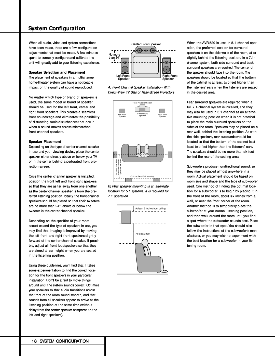 Harman-Kardon AVR 520 System Configuration, 18SYSTEM CONFIGURATION, Speaker Selection and Placement, Speaker Placement 