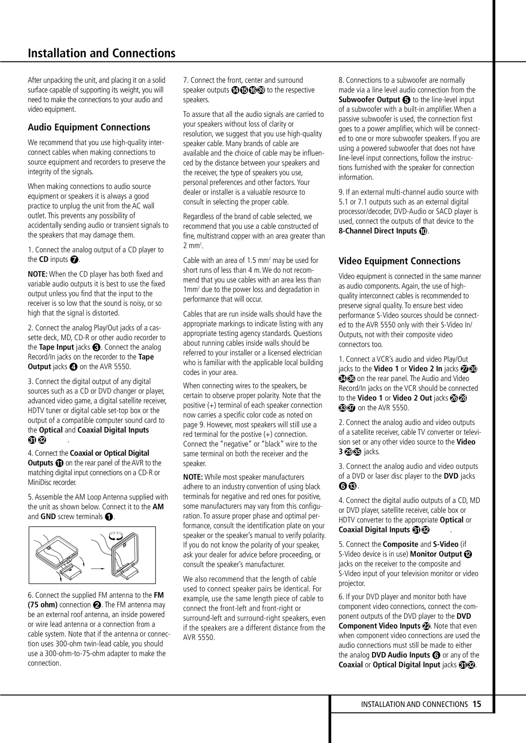 Harman-Kardon AVR 5550 owner manual Installation and Connections, Audio Equipment Connections, Video Equipment Connections 