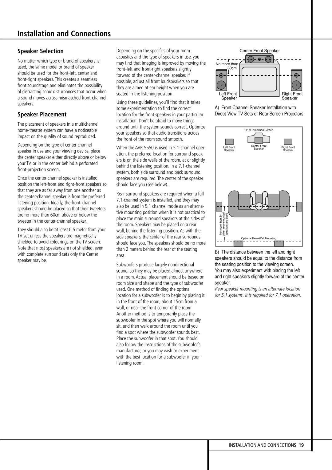 Harman-Kardon AVR 5550 owner manual Speaker Selection, Speaker Placement 