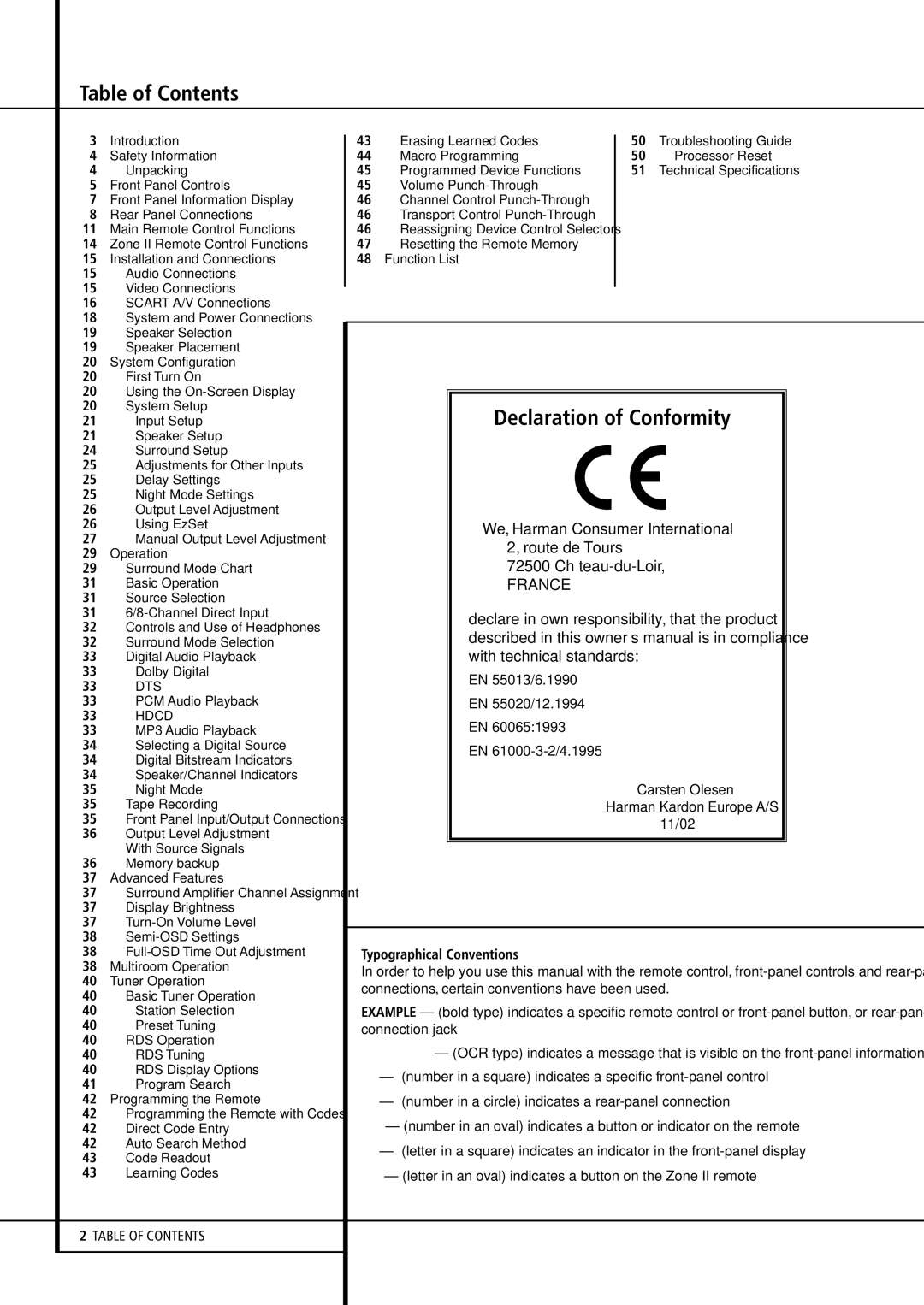 Harman-Kardon AVR 5550 owner manual Table of Contents, Declaration of Conformity 