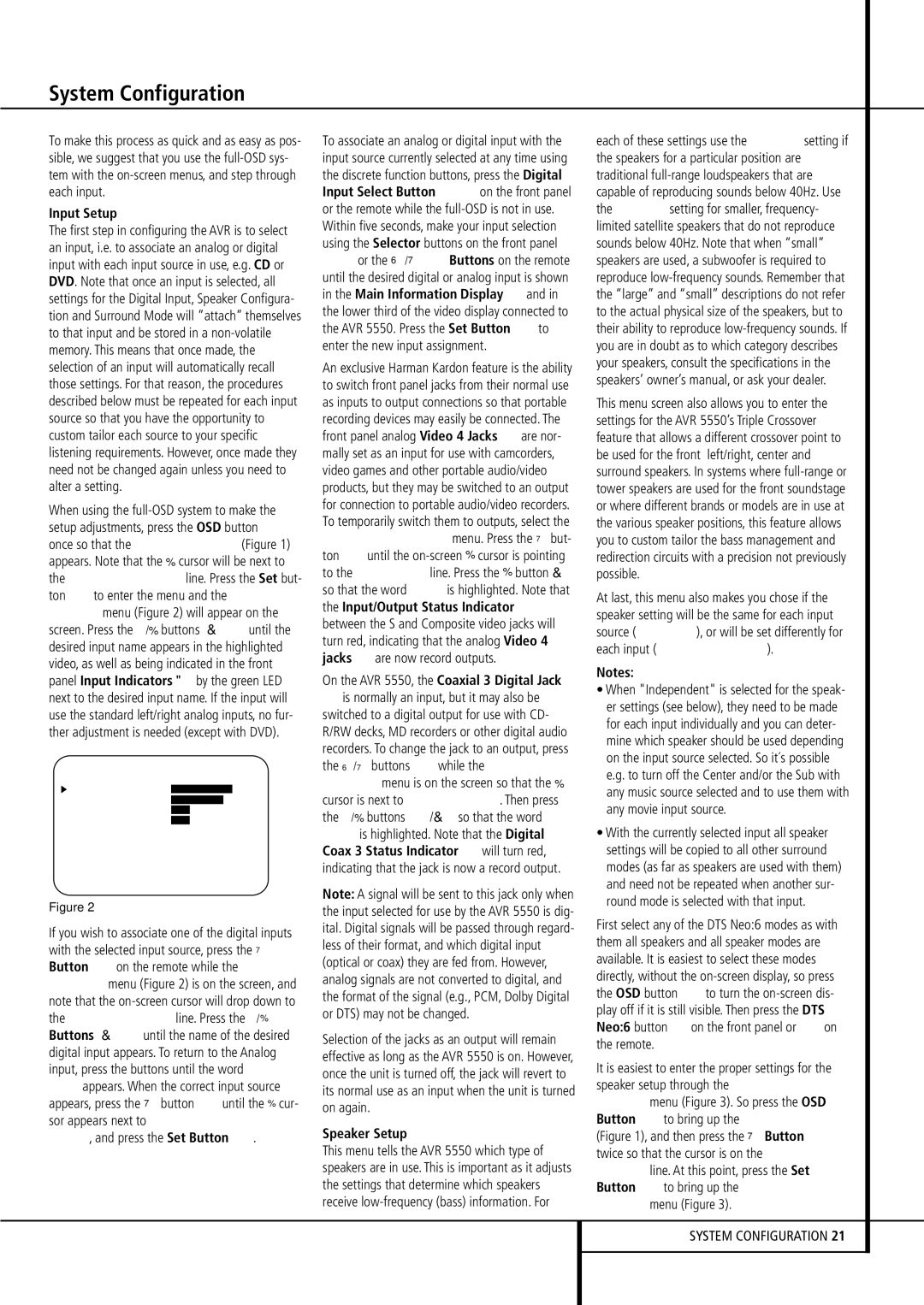 Harman-Kardon AVR 5550 owner manual Input Setup, Speaker Setup 