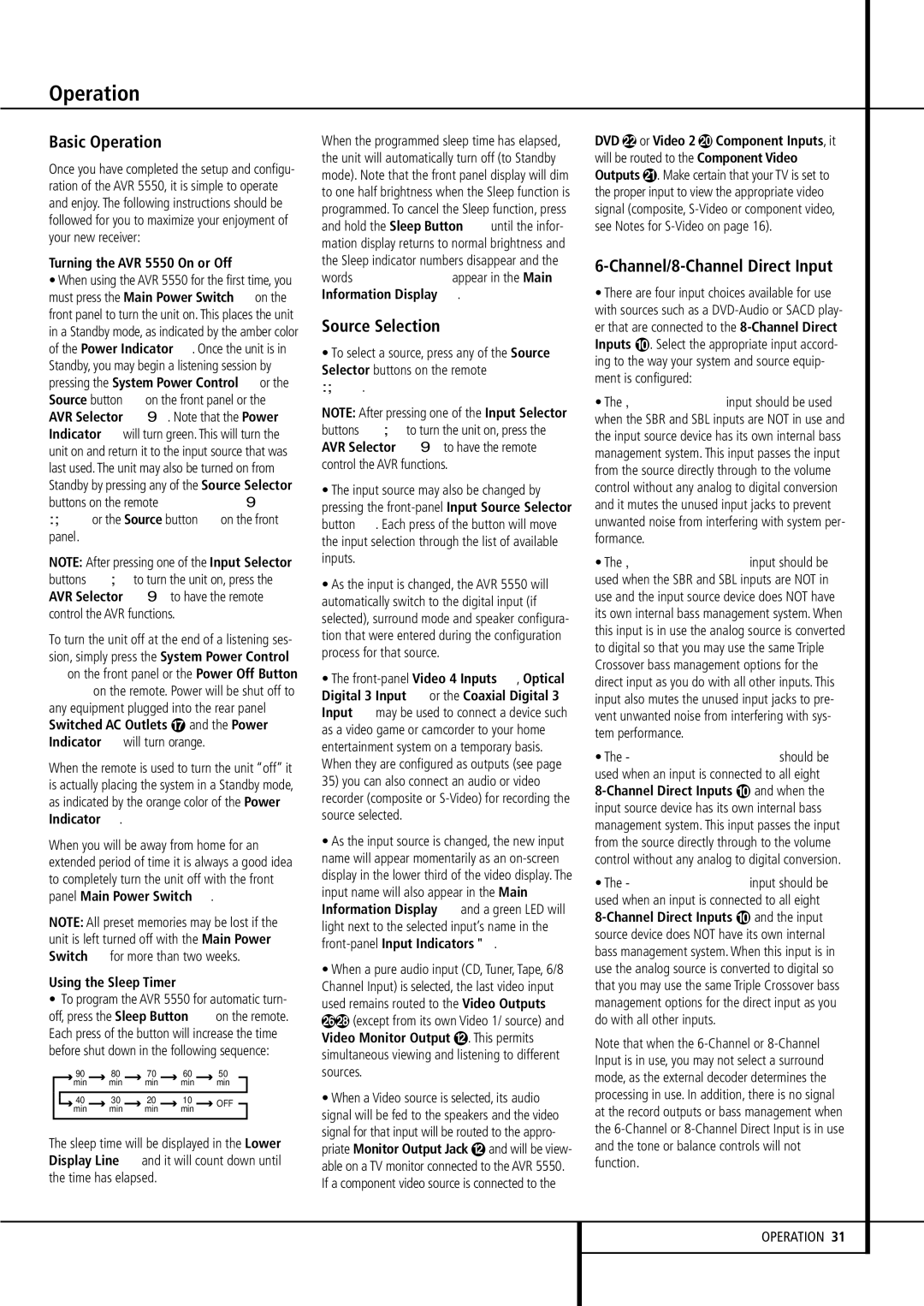 Harman-Kardon AVR 5550 owner manual Basic Operation, Source Selection, Channel/8-Channel Direct Input 