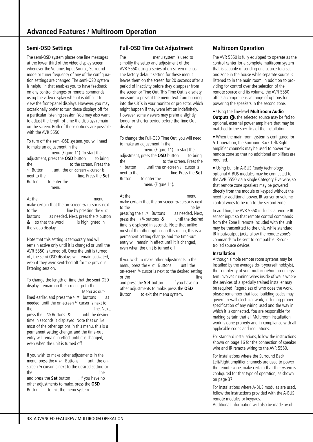 Harman-Kardon AVR 5550 Advanced Features / Multiroom Operation, Semi-OSD Settings, Full-OSD Time Out Adjustment 