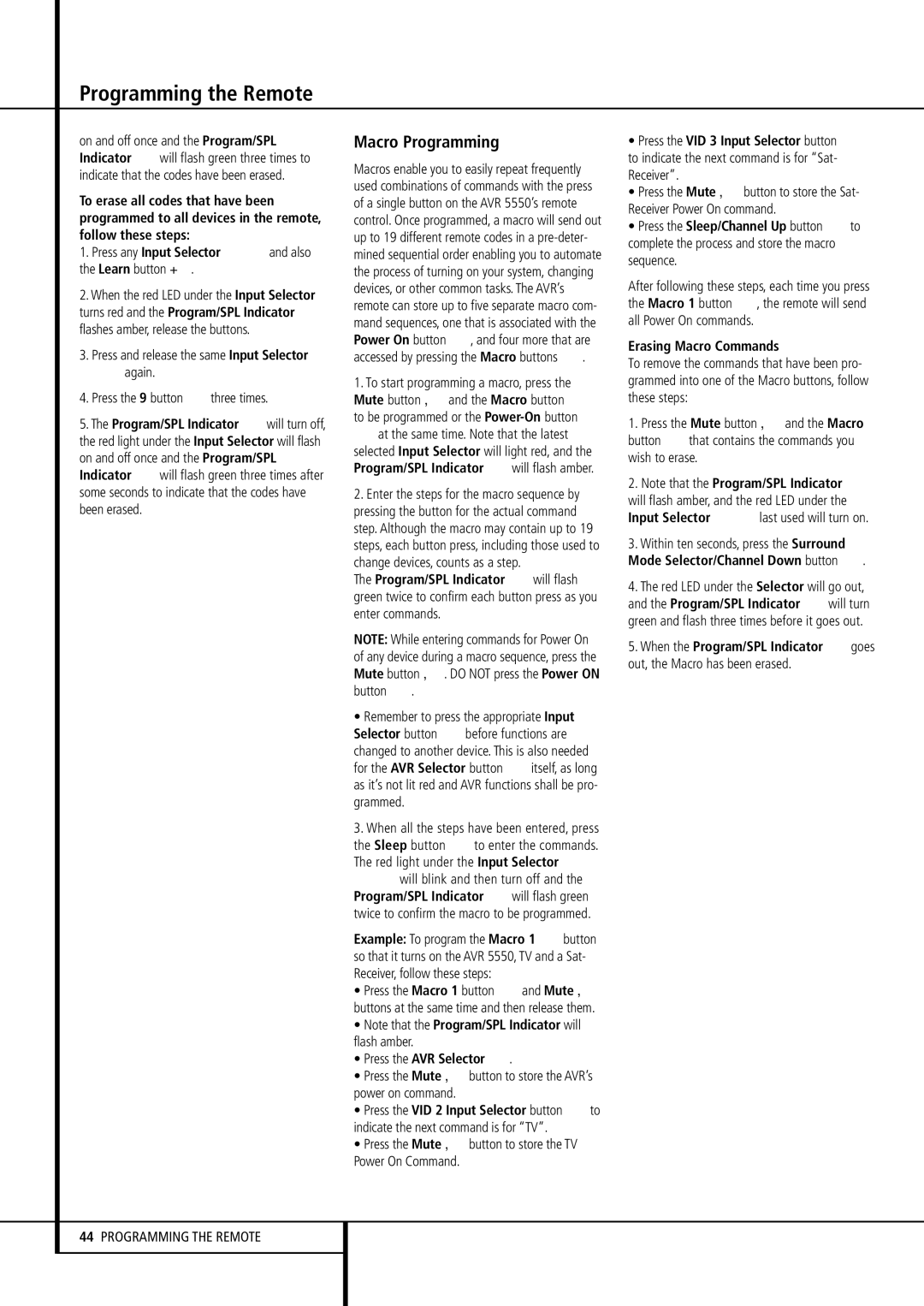 Harman-Kardon AVR 5550 owner manual Macro Programming, Press the AVR Selector, Erasing Macro Commands 