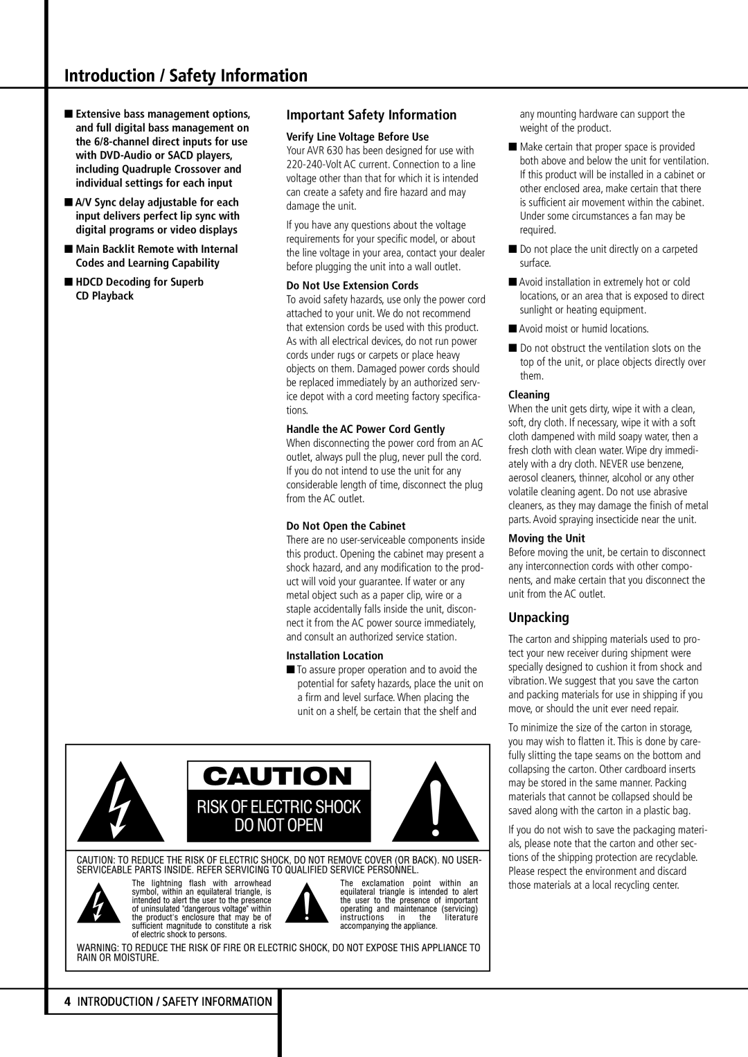 Harman-Kardon AVR 630 Introduction / Safety Information, Important Safety Information, Unpacking, Do Not Open the Cabinet 