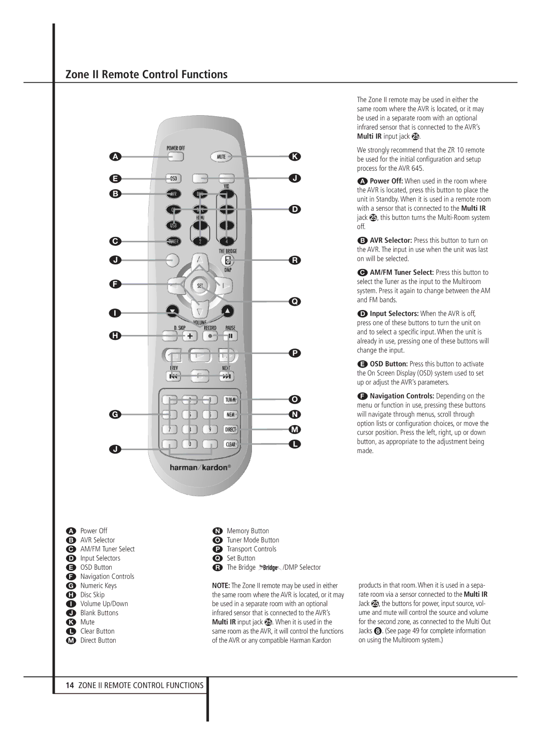 Harman-Kardon AVR 645 owner manual Zone II Remote Control Functions, Power Off B AVR Selector,  The Bridge /DMP Selector 