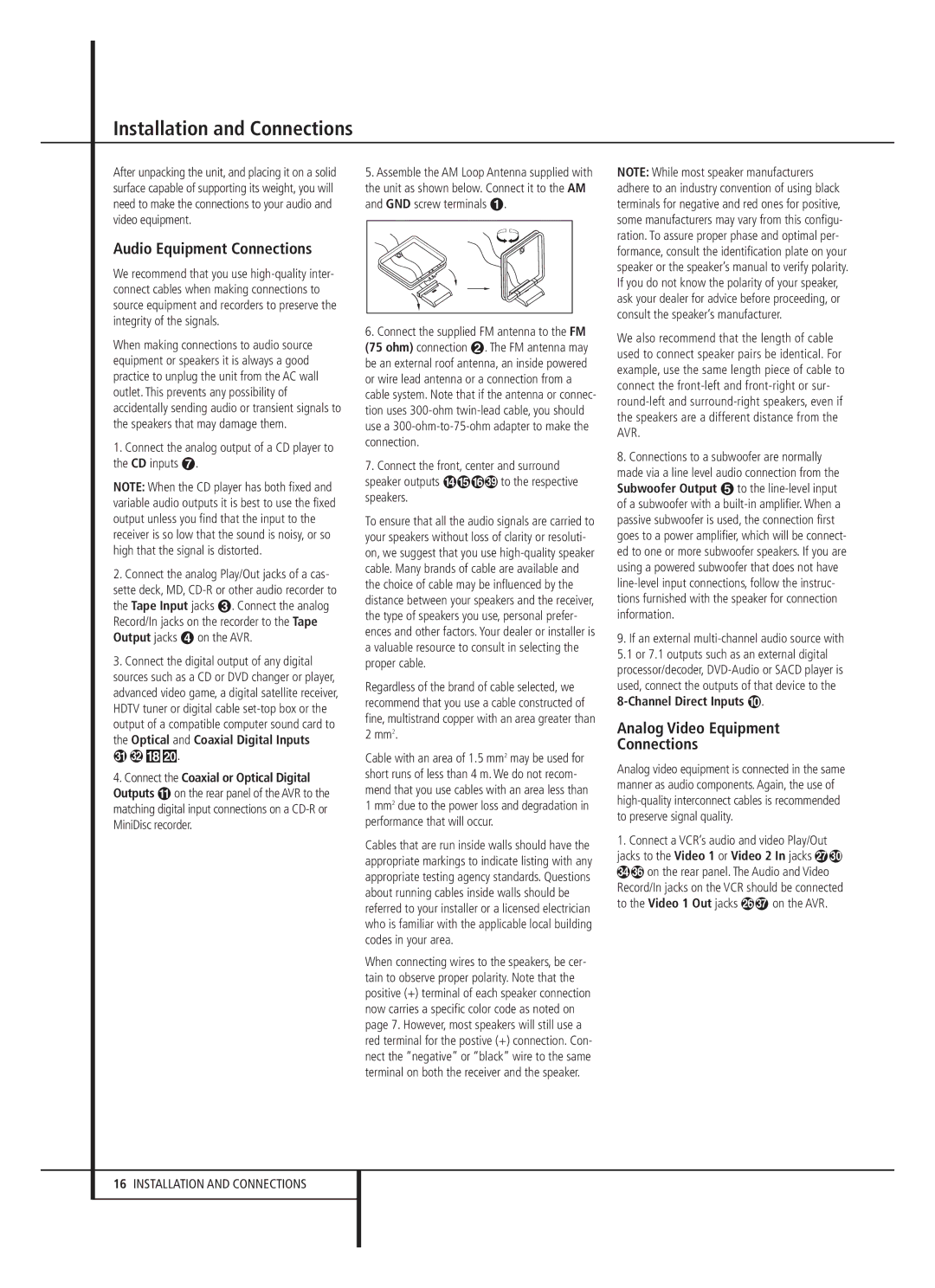 Harman-Kardon AVR 645 Installation and Connections, Audio Equipment Connections, Analog Video Equipment Connections 