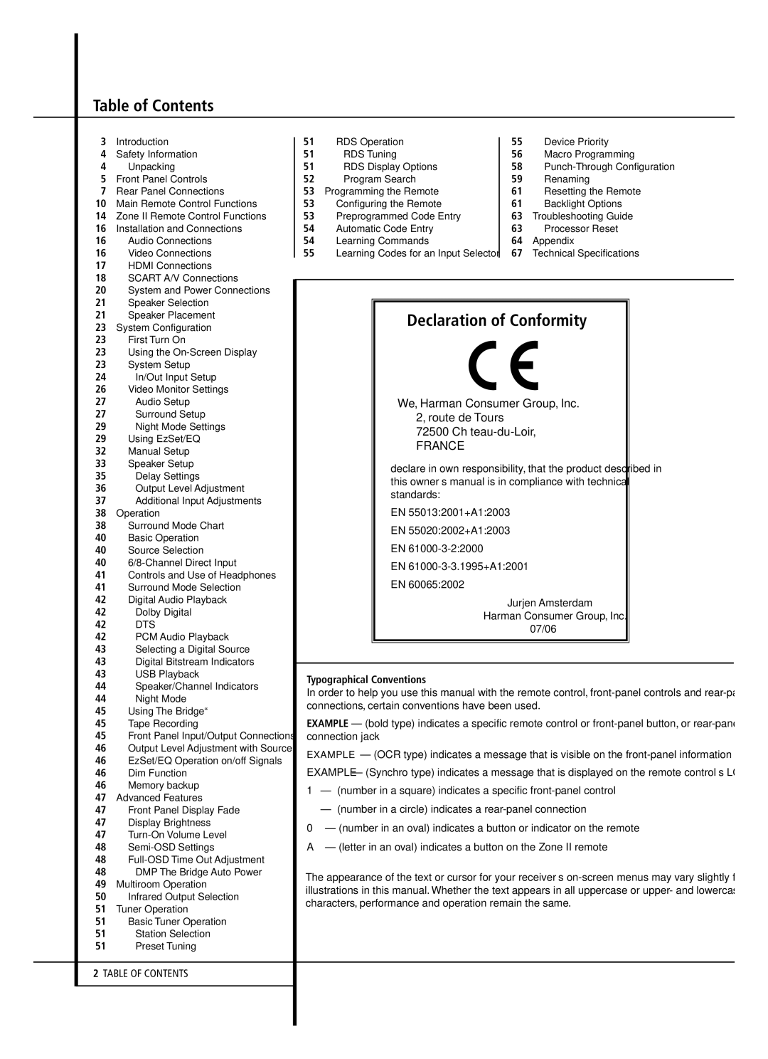 Harman-Kardon AVR 645 owner manual Table of Contents, Declaration of Conformity 