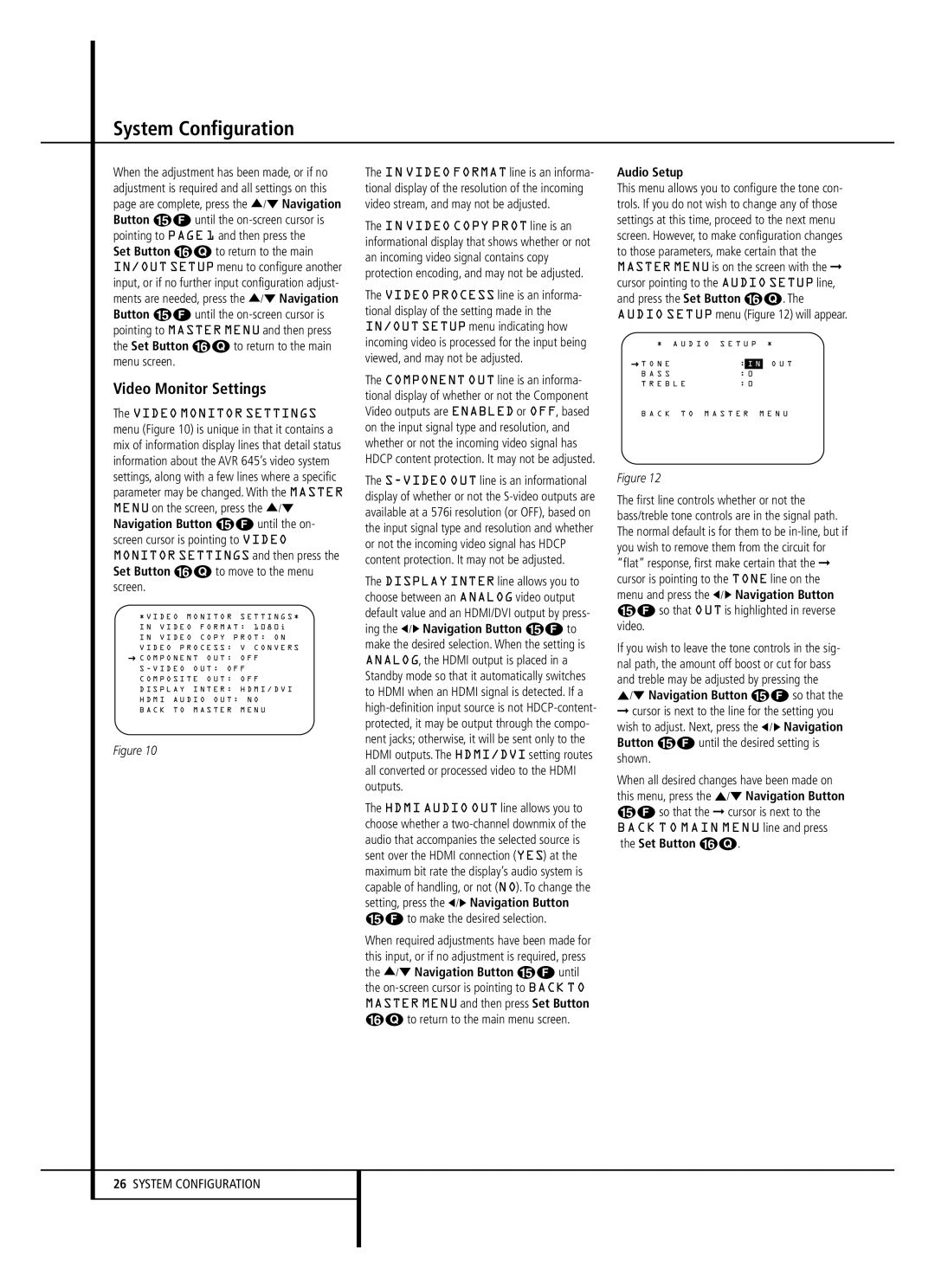 Harman-Kardon AVR 645 owner manual Video Monitor Settings, Audio Setup 