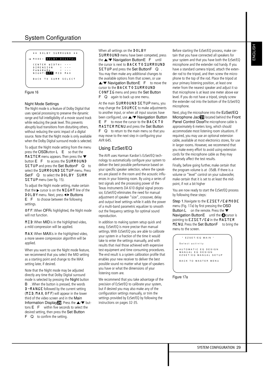 Harman-Kardon AVR 645 owner manual Using EzSet/EQ, Night Mode Settings 