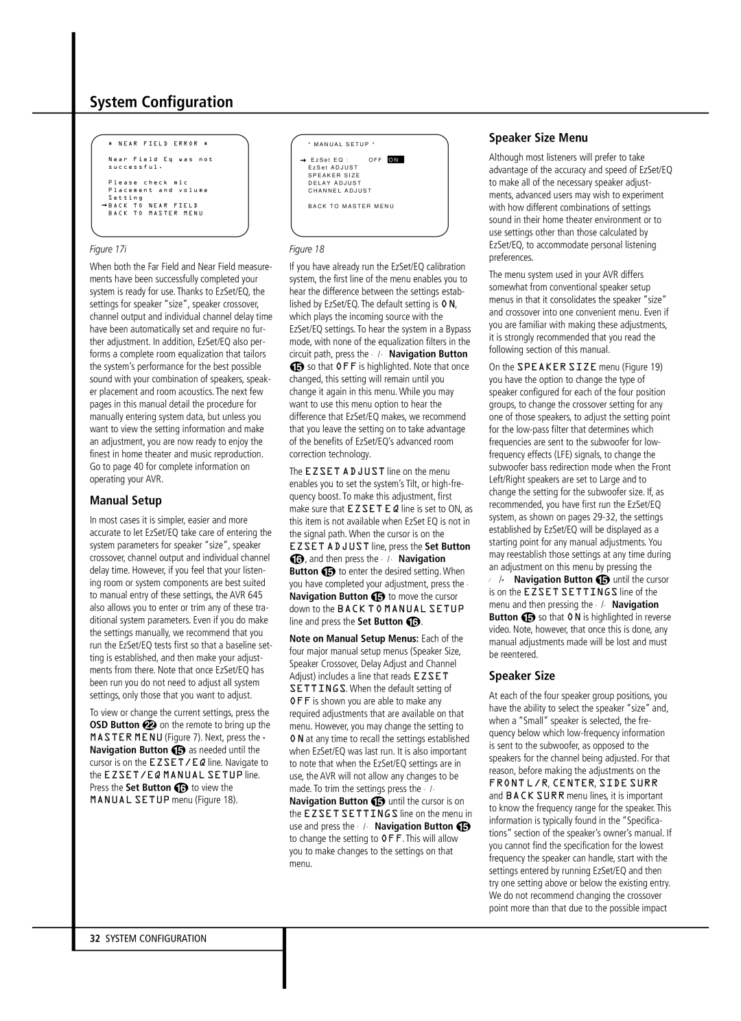 Harman-Kardon AVR 645 owner manual Manual Setup, Speaker Size Menu 